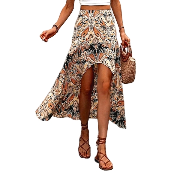 Boho Skirt Hi-Lo Paisley Bohemian Skirts Swimsuit Cover up Style - Picture 1 of 8